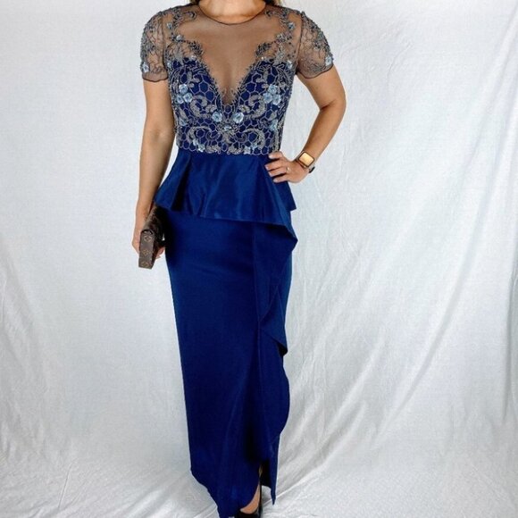 Marchesa Notte Navy Lace Ruffle Formal Gown $1195 - Picture 2 of 13